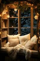 Cozy night time reading nook with ambient lighting background with empty space for text photo
