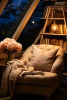 Cozy night time reading nook with ambient lighting background with empty space for text photo