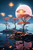 Surreal floating islands against a twilight sky background with empty space for text photo