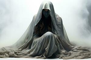 un envuelto figura representando temor y ansiedad aislado en un blanco antecedentes foto