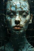 Unsettled figure ensnared in splintered mirror segments signifying fragmented sleep paralysis photo