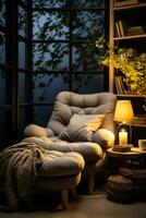 Cozy night time reading nook with ambient lighting background with empty space for text photo