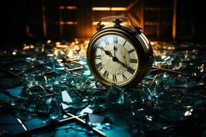 Chained clock and shattered glasses symbolizing disruptive sleeping patterns photo