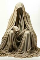 A shrouded figure depicting fear and anxiety isolated on a white background photo