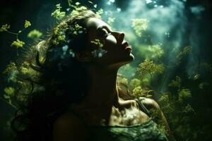 Vivid surreal forest blending into a womans sleeping silhouette photo