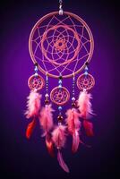 Dreamcatcher in motion illustrating protective symbolism isolated on a purple gradient background photo