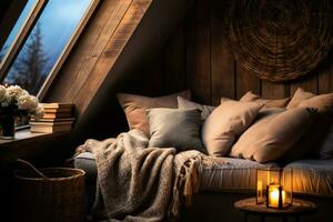 Cozy night time reading nook with ambient lighting background with empty space for text photo