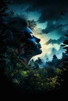 Vivid surreal forest blending into a womans sleeping silhouette photo