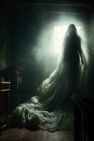 Ghostly figure hovering over a figure trapped in a restless slumber photo