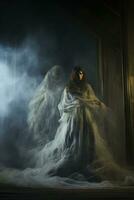 Ghostly figure hovering over a figure trapped in a restless slumber photo