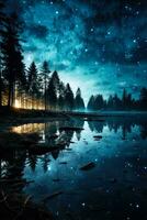 Moon mirrored in placid lake under a star filled sky inciting wanderlust dreams photo