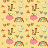 otoño retro maravilloso sin costura modelo. hippie champiñón, calabaza, caucho botas, maravilloso nube, arcoíris, lentes y hojas en pastel antecedentes vector