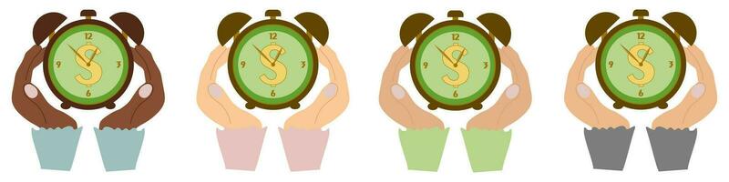 Set of Businesswoman hand handle Clock. Time is money. Vector time and financial management illustration. Flat style Business picture. Woman hands and Watches. Timing, planning, entrepreneur, meeting.