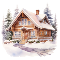 Winter Forest Cabin For Christmas Event. Watercolor Style. AI Generated png