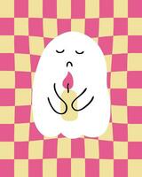 Halloween ghost with candle on distorted checkered groovy background. Perfect print for tee, greeting card, party invitation, poster. vector