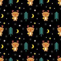 Christmas night cartoon seamless pattern with deers and stars. New year print for tee, paper, textile and fabric. vector