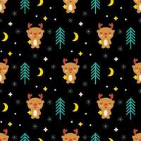 Christmas night cartoon seamless pattern with deers and stars. New year print for tee, paper, textile and fabric. vector