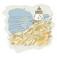 Hand drawing colorful sketch lighthouse on the seashore. Perfect print for tee, poster, card, sticker. vector