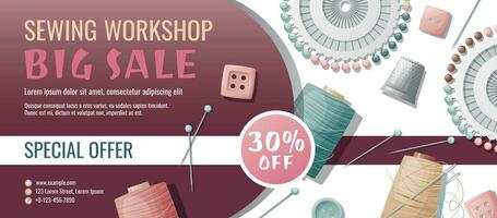 Banner template for sewing workshop. Discount coupon with sewing items. Pincushion, pins, needles, thimble, thread. Poster for tailoring courses, schools, shops, ateliers. Banner for sale of goods vector