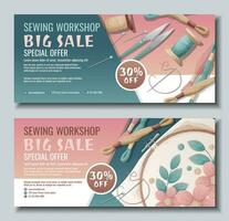 Set of banner templates for sewing workshop. Discount coupon with hoops and threads. Embroidery with floss threads, needlework, hobby. Poster for tailoring courses, schools, shops, ateliers vector