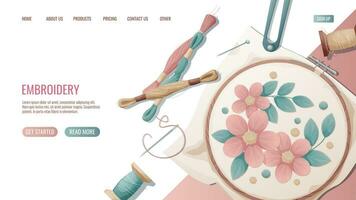 Landing page or web banner template of sewing workshop, needlework, embroidery . Hand-drawn illustrations of sewing tools, hoops, threads, needles. vector