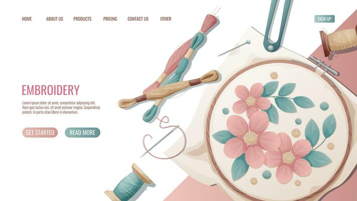 Landing page or web banner template of sewing workshop, needlework, embroidery . Hand-drawn illustrations of sewing tools, hoops, threads, needles.