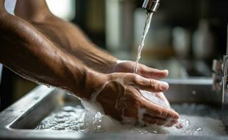 Man washes his hands with soap and water photo