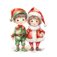 Sibling Wearing Santa and Elf Costume For Christmas Event. Watercolor Style. AI Generated png