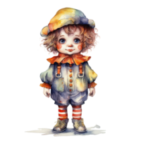 Boy Wearing Clown Costume For Halloween Event. Watercolor Style. AI Generated png