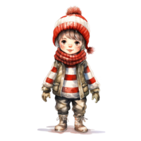 Boy Wearing Winter Clothes For Christmas Event. Watercolor Style. AI Generated png