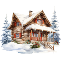 Winter Forest Cabin For Christmas Event. Watercolor Style. AI Generated png