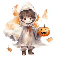 Boy Wearing Ghost Costume For Halloween Event. Watercolor Style. AI Generated png