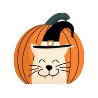 Vampire cat with pumpkin for Halloween. Vector illustration in cartoon style.