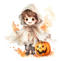 Junge tragen Geist Kostüm zum Halloween Fall. Aquarell Stil. ai generiert png