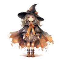 Mädchen tragen Hexe Kostüm zum Halloween Fall. Aquarell Stil. ai generiert png