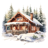 Winter Forest Cabin For Christmas Event. Watercolor Style. AI Generated png
