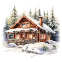 invierno bosque cabina para Navidad evento. acuarela estilo. ai generado png