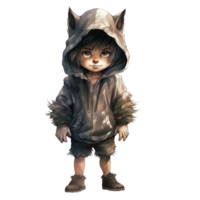Boy Wearing Werewolf Costume For Halloween Event. Watercolor Style. AI Generated png