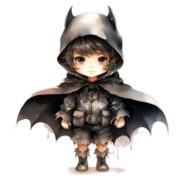 Boy Wearing Bat Costume For Halloween Event. Watercolor Style. AI Generated png