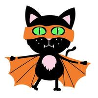 Cute black cat dressed as a bat, vampire. Happy Halloween sticker of ghoul. holiday clipart count dracula vector