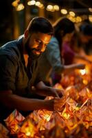 Artisans hands crafting delicate paper lanterns for stunning Diwali display photo