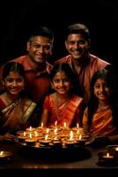 familia reunión para un diwali puja a hogar aislado en un degradado antecedentes foto