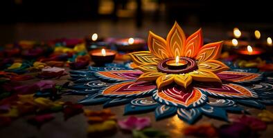 Colorful Rangoli patterns illuminating the spirit of Diwali celebration in vibrant hues photo