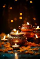 Diwali oil lamp decorations in homely setting background with empty space for text photo