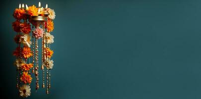 Floral garlands used in Diwali Puja ceremonies isolated on a festive gradient background photo