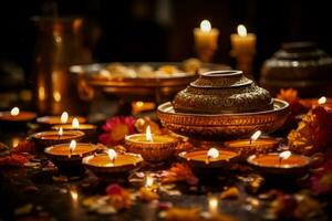 Oil lamps casting gentle glow on Diwali feast spread in a home setting photo