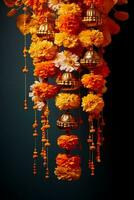 Floral garlands used in Diwali Puja ceremonies isolated on a festive gradient background photo