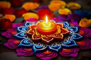 Colorful Rangoli patterns illuminating the spirit of Diwali celebration in vibrant hues photo