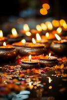 Diwali oil lamp decorations in homely setting background with empty space for text photo