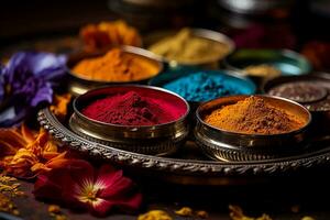 Detailed view of rangoli tools and colored powders prepared for Diwali designs photo